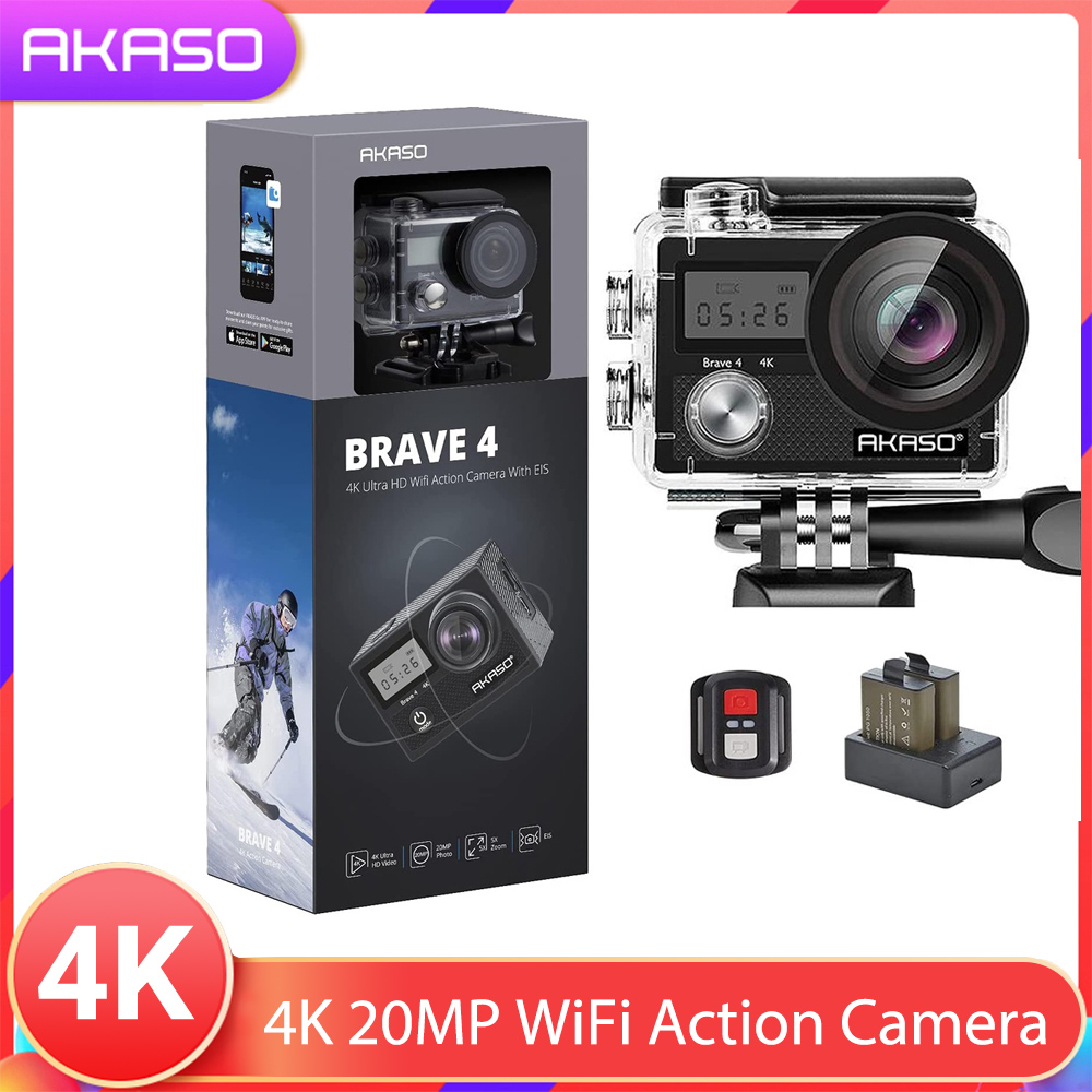 AKASO Brave 4 4K 20MP WiFi Action Camera Ultra HD with EIS 30m Underwater Waterproof Camera Remote Control 5X Zoom Underwater Camcorder with 2 Batteries and Helmet Accessories Kit