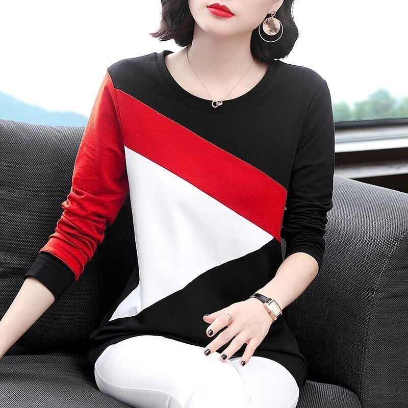 New Women Tshirt Round Neck Autumn Long Sleeve Cotton Geometric Pattern Patchwork Lady Oversized T-shirt Loose Korean Style Splicing Pullover Shirts Top