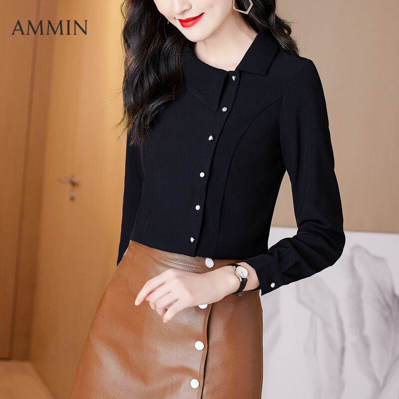 AMMIN Korean New Style Long Sleeve Top For Women Red Chiffon Chiffon Shirt Lady Casual Commuter Blouse