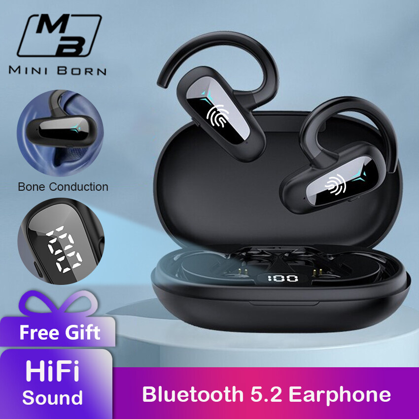 Mini Born Wireless Bluetooth 5.2 Earphone Bone Conduction Headphones TWS Digital Display Bluetooth Headset Non-In-Ear Earbuds Waterproof Earphones for Running Bicycling Hiking Driving Workou