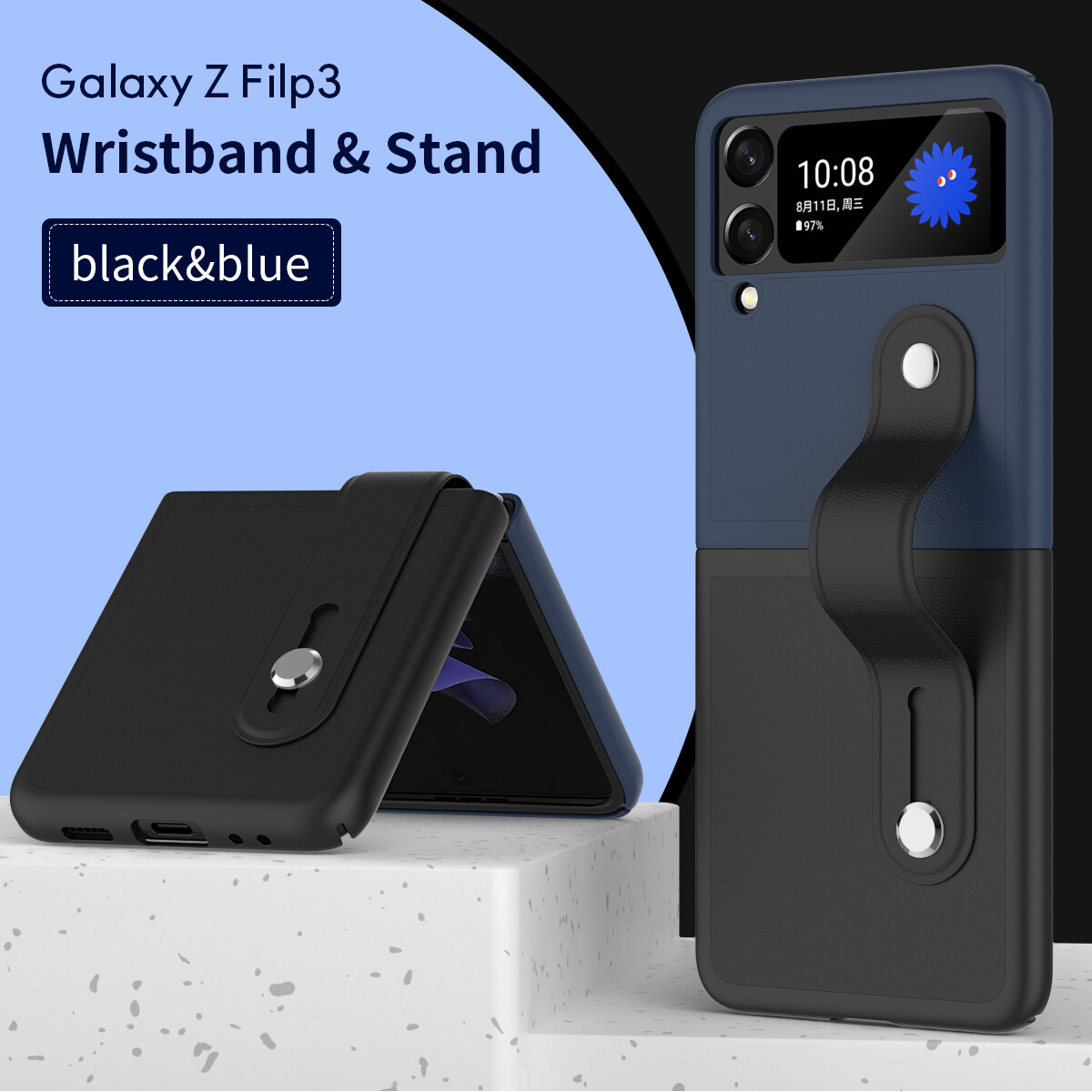 [Retractable Wrist Strap Bracket] KISSCASE for Samsung Z Flip 4 Z Flip 3 Contrasting Color Adjustable Wrist Strap Holder Leather Case 180° Folding  Phone Holder Case for Samsung Galaxy Z Flip 3 5G