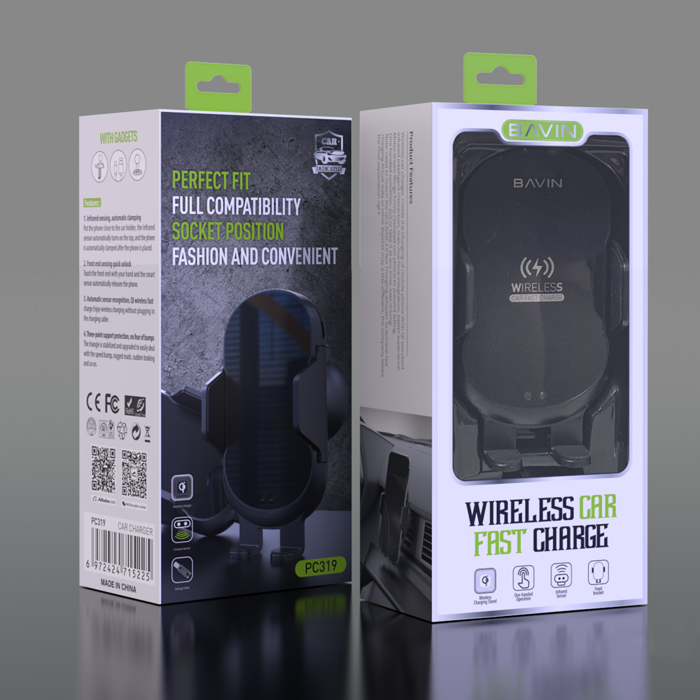 BAVIN PC319 Car Mount Charger Qualcomm3.0 Quick Charger Rotating 360 Fast Charging Wireless Car Mount Holder Charger Supported Air vent & Windshield For Samsung S10 S9 S8 Note 9 iphone 12 XS