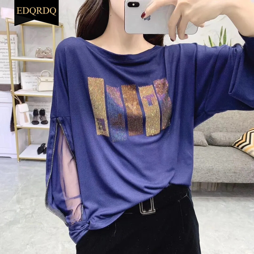 EDQRDQ Fashion Plus Size Tops Zipper Lace Tee Letter Glitter Trend Blouses for Women