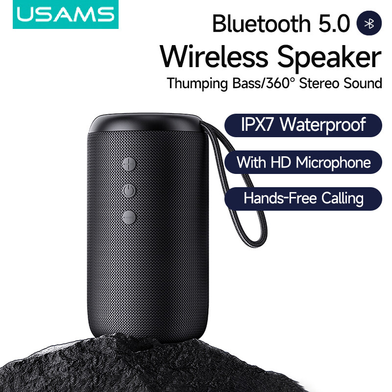USAMS Wireless Portable Speaker Bluetooth5.0 HD microphone 360° 3D Stereo Sound IPX7 Waterproof Deep Bass Music Surround External Speaker Support series Connection of 2 Speakers Music Player