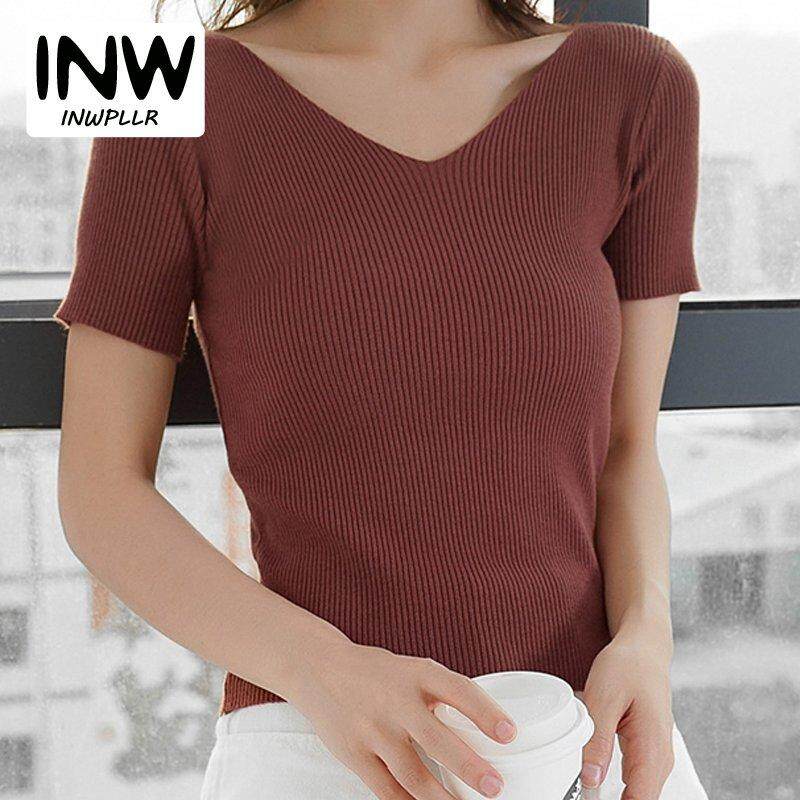 INWPLLR Female T-shirts Summer Top Fashion Women Tshirt Slim V-neck Lady Tee Shirt Korean Women Vintage Knitted Tshirts
