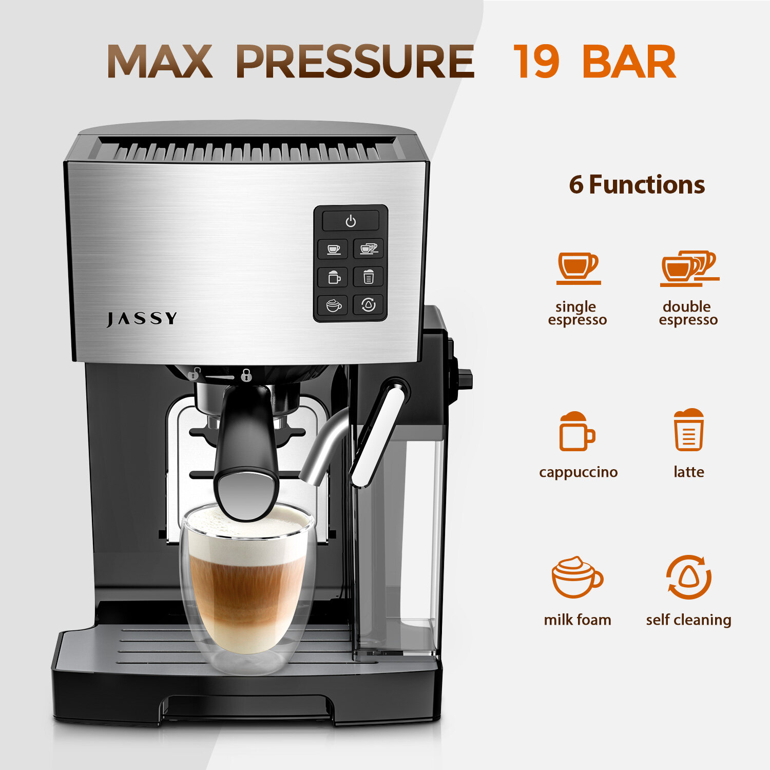 JASSY Automatic Nspresso coffee machine ，19 Bar nespresso machine，with Powerful Milk Frother ,for Espresso/Cappuccino/Latte/Mocha,One-Touching Brewing Heating System,1300W(Black)