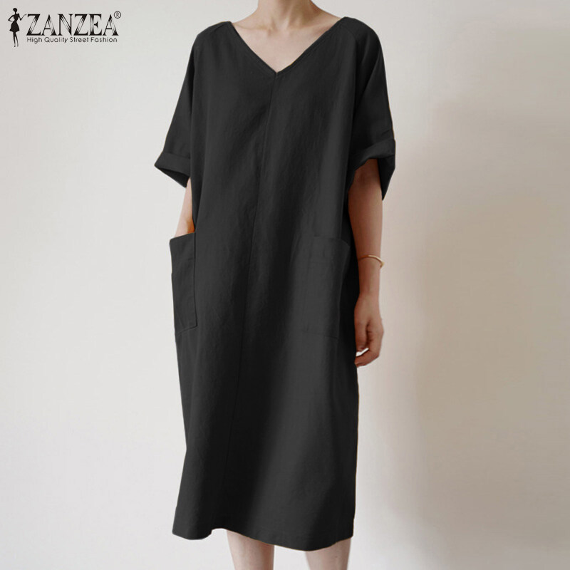 ZANZEA Women Summer Short Sleeve V Neck Dress Oversized Solid Color T Shirt Midi Dresses