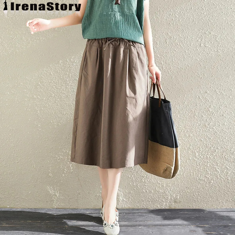 (S-4XL) IRENASTORY Korean Style Cotton Skirts for Women Plain Color Elastic Waist A-line Skirt  Elastic Waist Plus Size Skirt