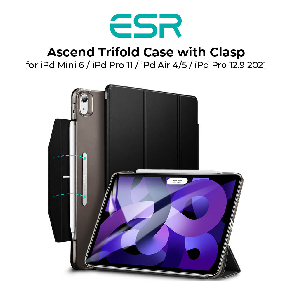 ESR Ascend Trifold Smart Case for iPad Mini 6 / iPad Air 4/5 / iPad 7/8/9 Lightweight Stand Case with Clasp, Auto Sleep/Wake, Supports Apple Pencil 2 Wireless Charging