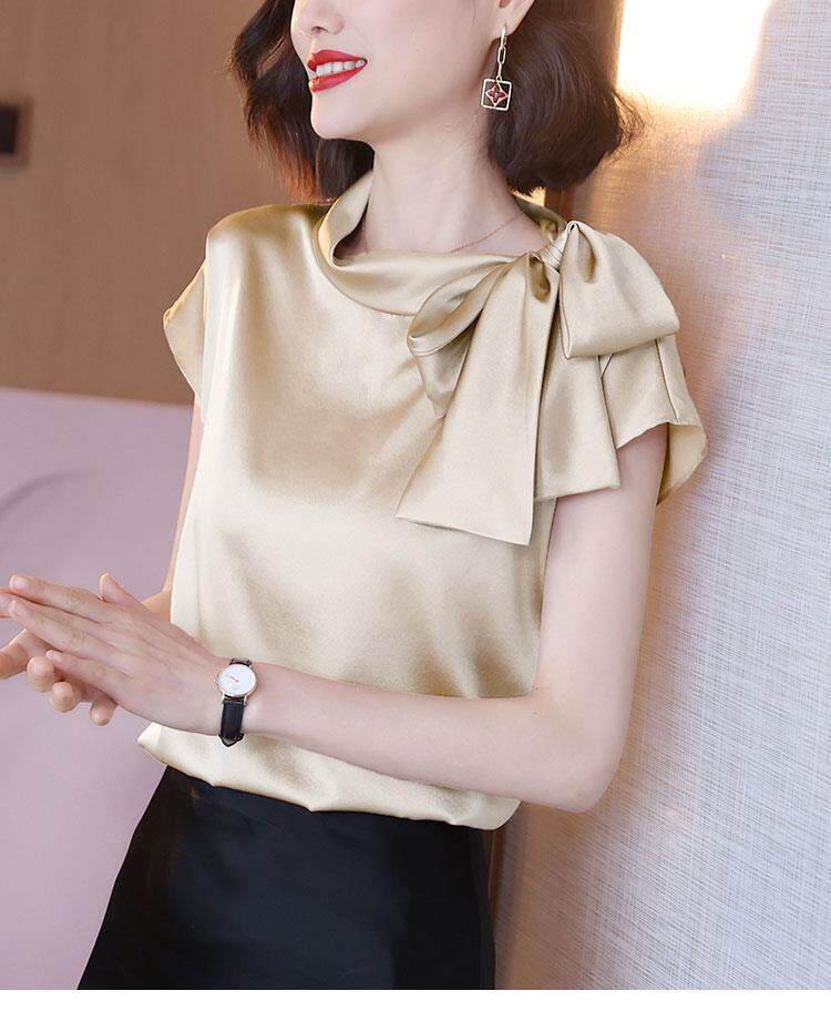 EDQRDQ Women's Casual Side Bow Tie Neck Short Sleeve Satin Blouse Shirt Top