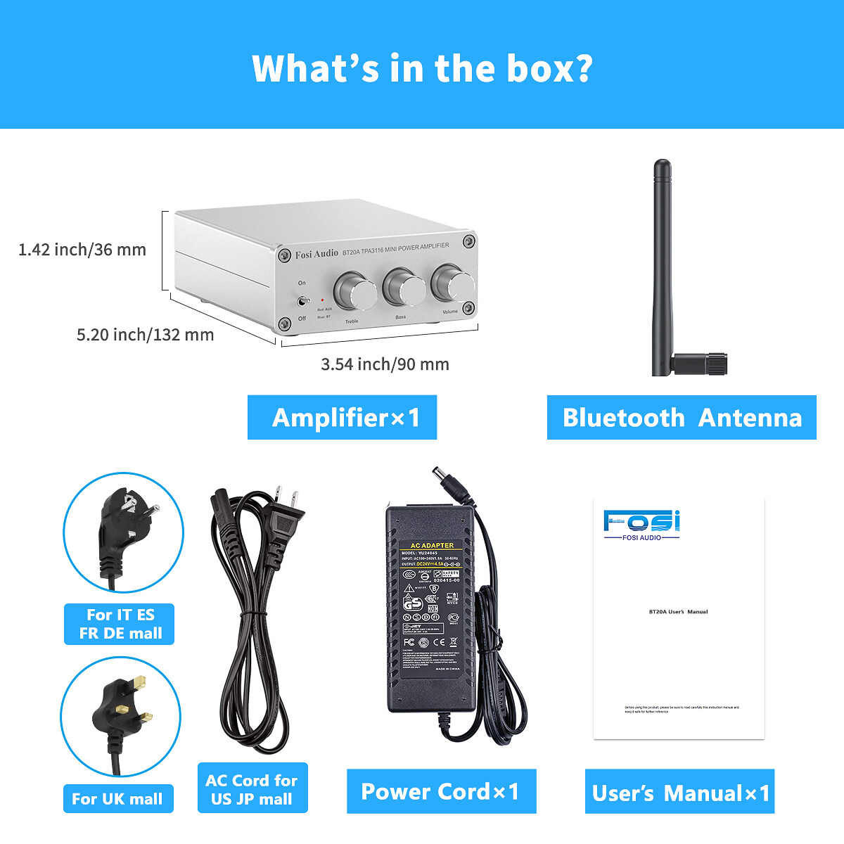 Fosi Audio BT20A Bluetooth TPA3116D2 Sound Power Amplifier 100W Mini HiFi Stereo Audio Class D Amp Bass Treble For Speakers With 24V Power Supply