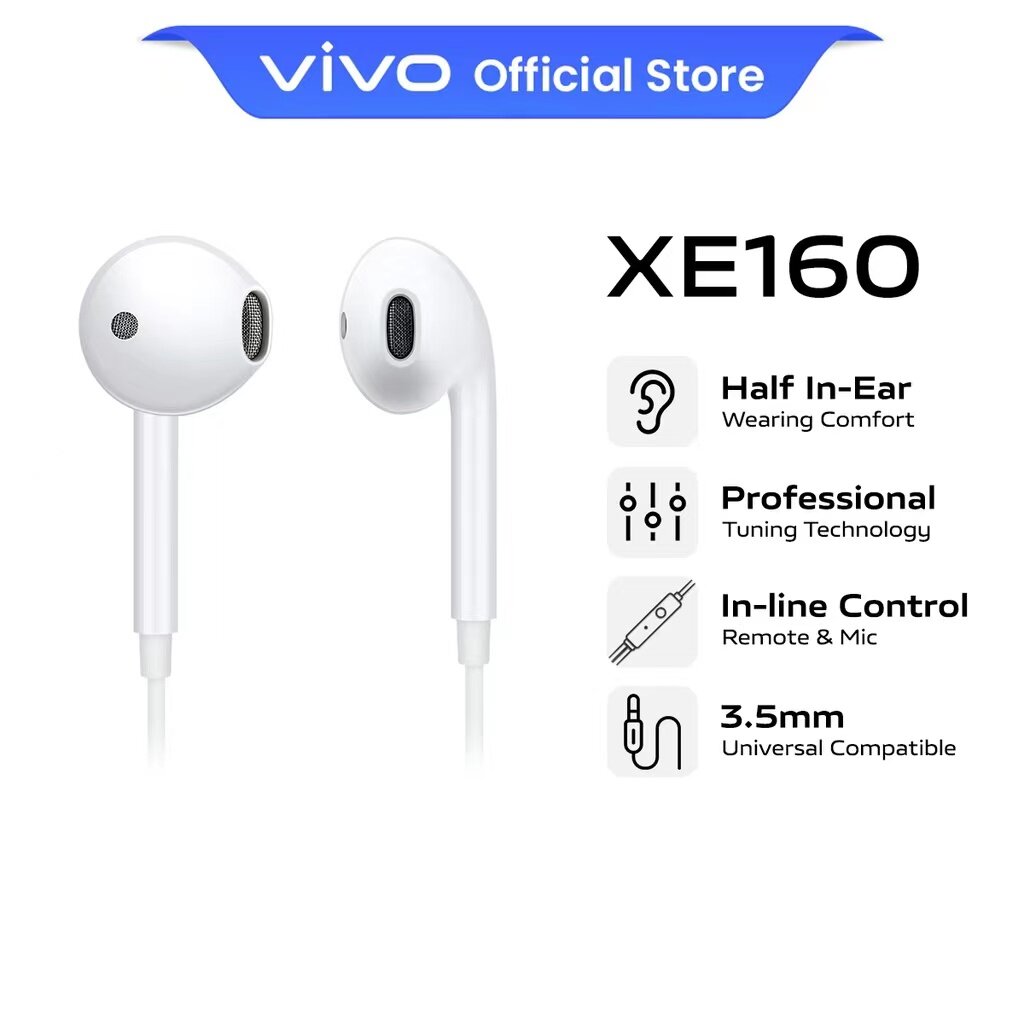 Original VIVO XE160 Earphone Jack Wired Headset Stereo Voice Call Wire 3.5mm Headphone with Mic for VIVO V19 Y50 Y30 Y19 Y11 Y17 Y15 Y12 V17 V15 S1 Pro V11 V11i Y95 Y93 Y91 V9 V7