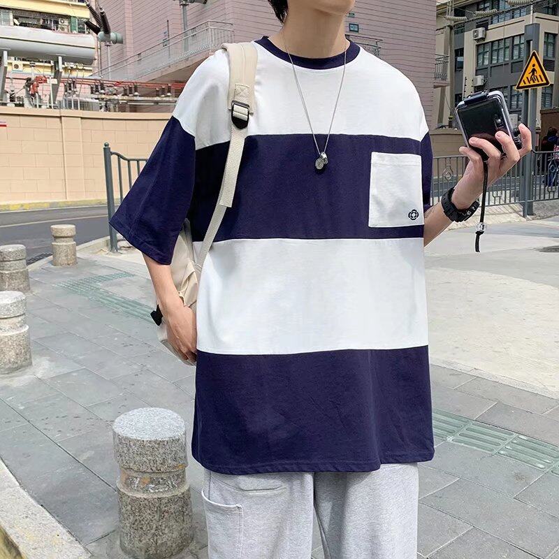 t shirt Men Korean Style Oversize Short Sleeve Fashion Tops Casual Contrast Color Block Print t-shirt