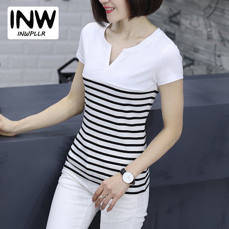 INWPLLR Simple Women Top Fashion Stripe Top Tee Casual Small V-neck Tshirt All-match Patchwork T-Shirts