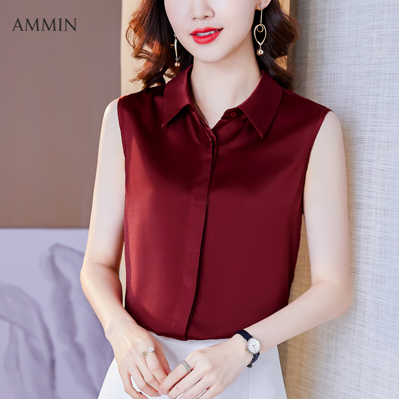 AMMIN Tops 2021 new style simple and fashionable lapel single row button cardigan silk shirt women's elegant high-end temperament sleeveless plus size blouse