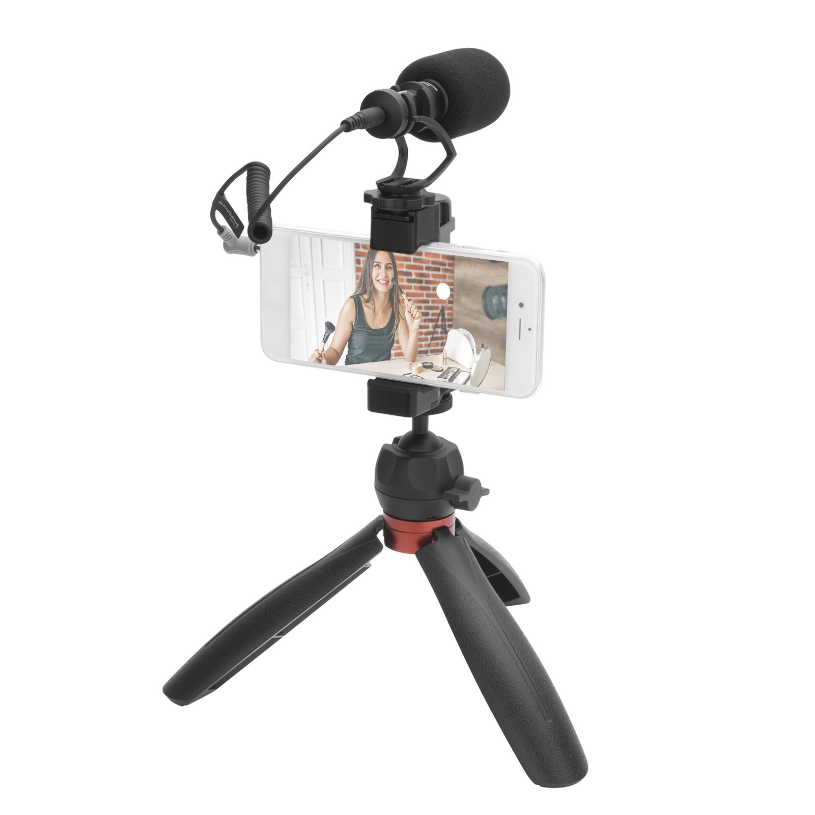 COMICA CVM-VM10-K2 Pro Multi-functional Smartphone Video Vlog Kit with Cardioid Microphone Ball Head Tripod Phone Holder 3.5mm TRS to TRRS Cable Foam Fur Windshield Carrying Bag