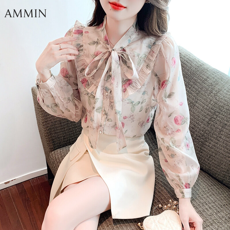 AMMIN Korean-style Women's Long sleeve fashion Gentle wind elegant floral chiffon top 2022 Fall wear new puffed sleeve Ruffle bow Temperament printed chiffon Tops casual Blouse