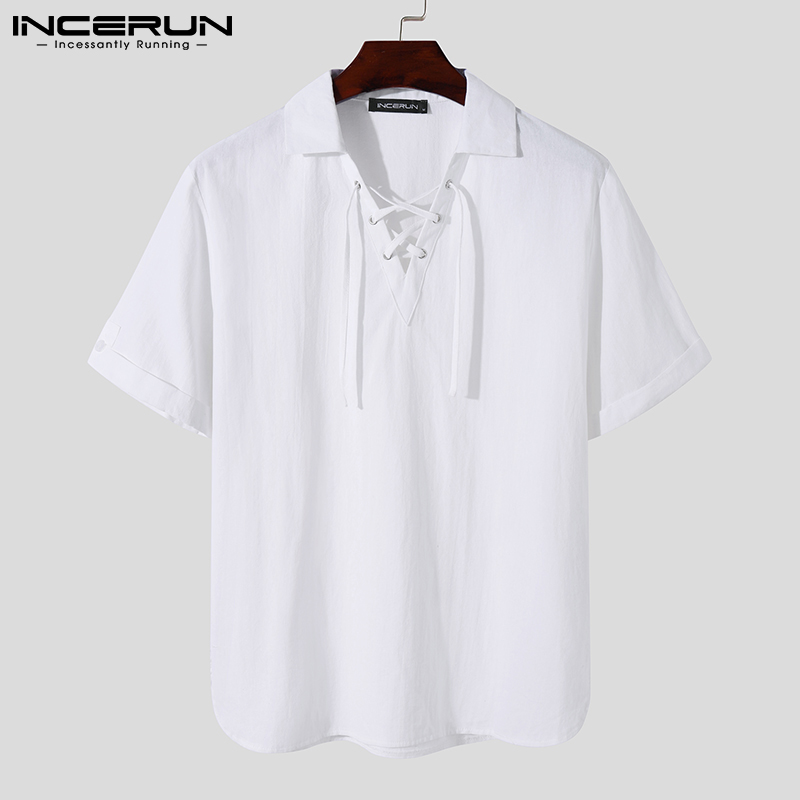 INCERUN Mens Lace Up T Shirt Tops Short Sleeve Cotton Shirts V-Neck Blouses (Casual Wear) #3