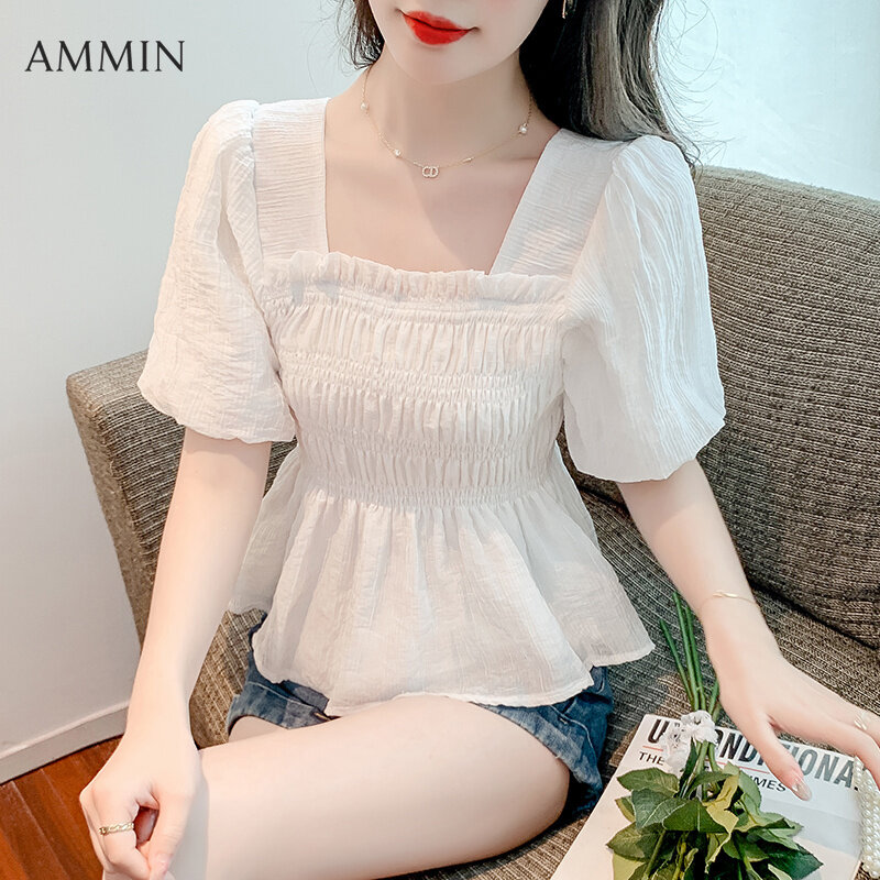 AMMIN 2022 summer new retro temperament square neck puff sleeve chiffon shirt Korean style fashion temperament waist thin chiffon Top doll shirt casual blouse For women