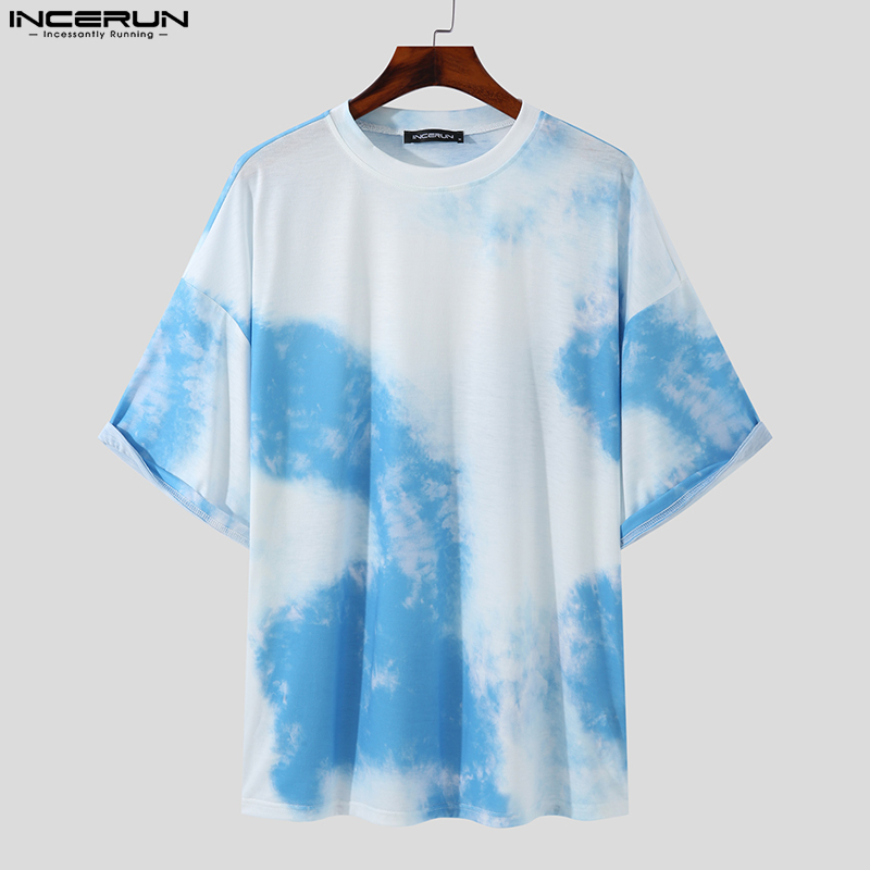 INCERUN Mens Tie Dye Blue Holiday Casual Short Sleeve T Shirt Loose Fit Crew Neck Tee Top (Western Style)