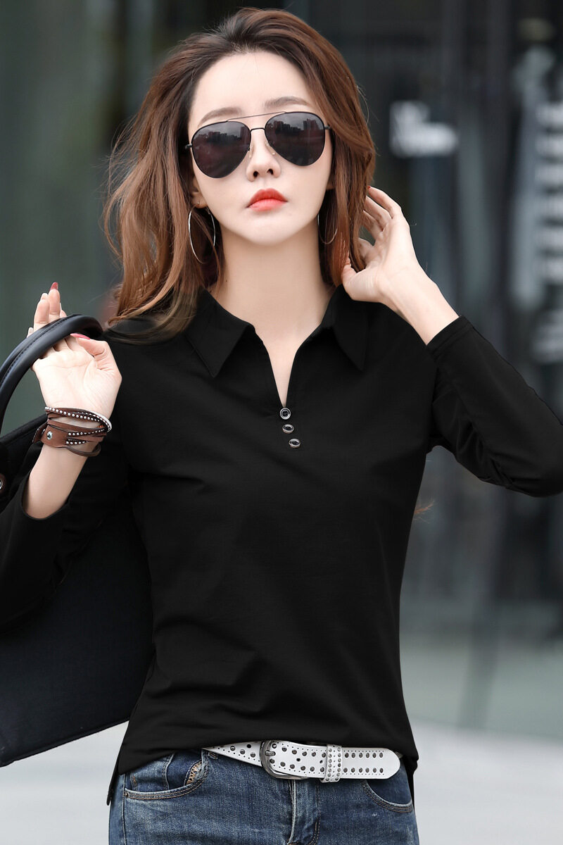 Lapel Long Sleeve Polo Shirt for Women Cotton Korean Style Plain Women's Blouse Popular Slim V-Neck T-Shirt 2022 Fashion Solid Color Clothes Casual All-matching Ladies Tops