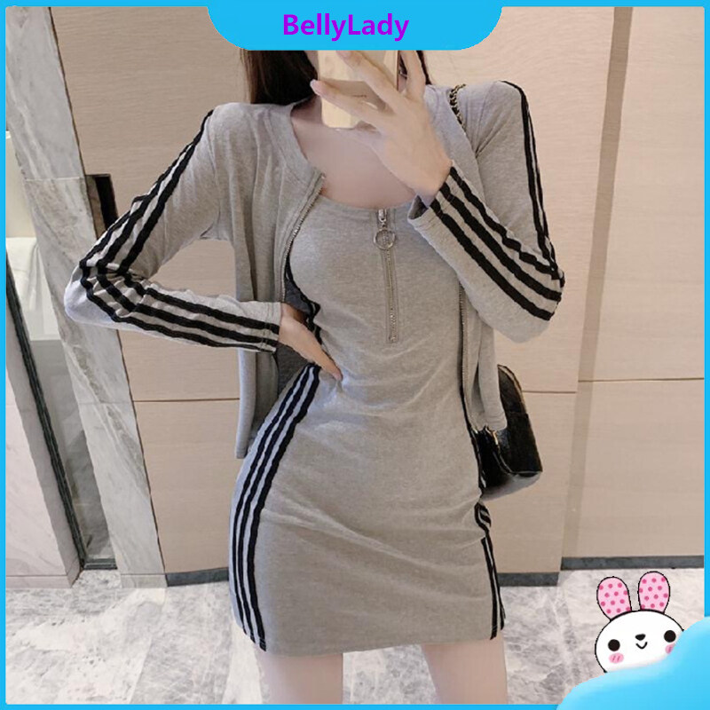 2pcs/set Women Fashion Slip Dress＋short Coat Striped Front Zipper Double-shoulder Strap Dress Set
