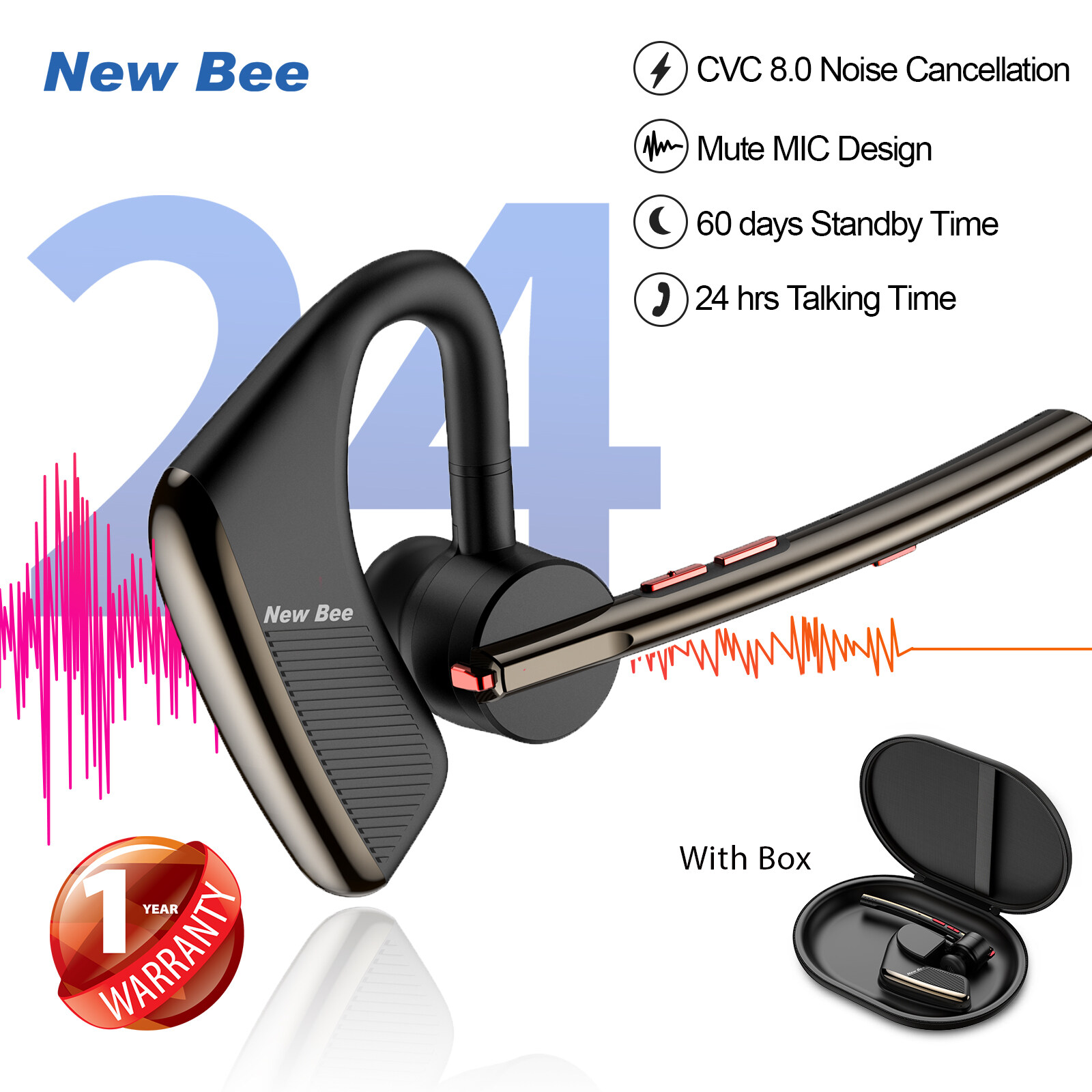 New Bee M50 Bluetooth Earphone Talking Time 24hrs Earbuds Wireless Bluetooth Headphone Wireless Earphone Noise Cancelling Bluetooth Headset for Calls Dual MIC Bluetooth 5.2 for Driver/Courier/ Busines