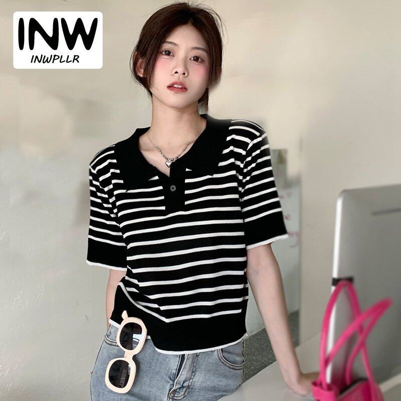 INWPLLR Korean-style Women's Tshirts Striped Design Sense Knit Tops Fashion Short Sleeve POLO T-shirts Female
