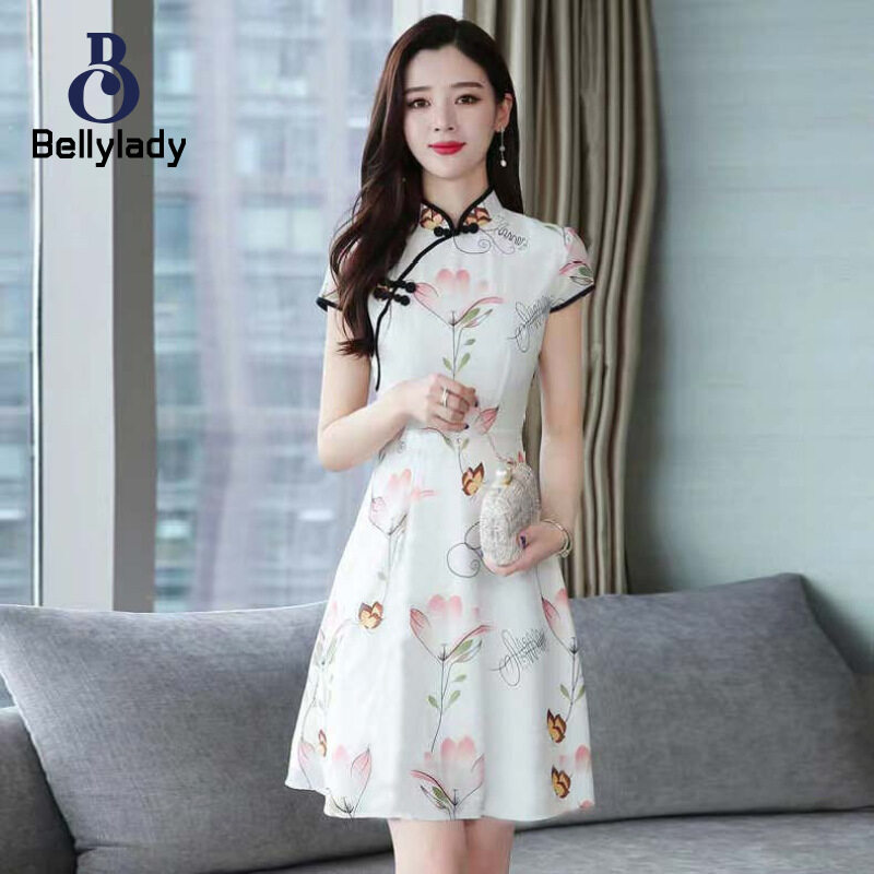 BellyLady Women Cheongsam Dress Retro Chinese Ethnic Style Print Stand-up Collar Short Sleeve Slimming Waist Fit Skirt