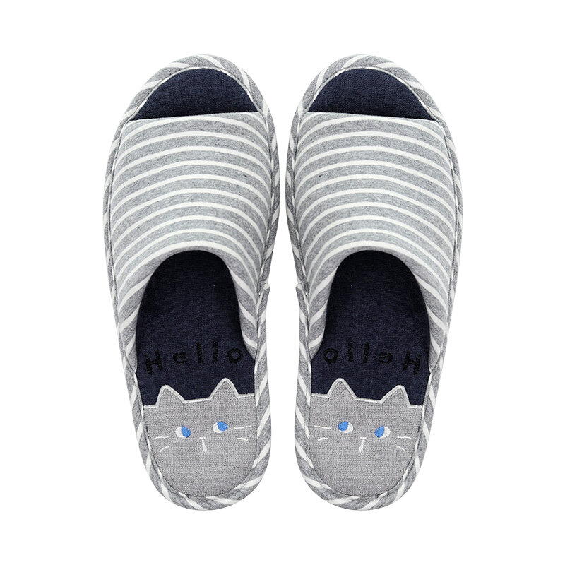 Japanese Oka Spring and Autumn Home Indoor Couple Open Cotton Slippers Cartoon Striped Men's and Women's Home Non-Slip Shoes
