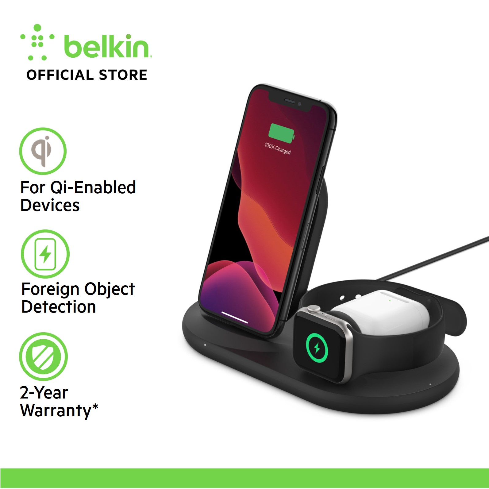 Belkin WIZ001my BoostCharge 3-in-1 Wireless Charger for Apple Devices with Power Adapter