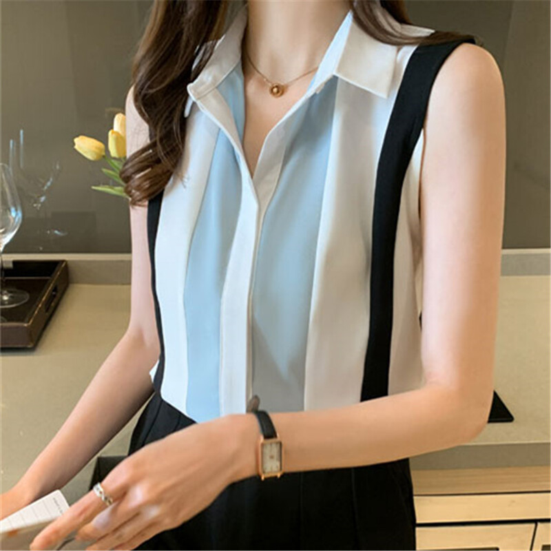 Sleeveless Shirt for Women Plus Size Chiffon Blouse Polo Collar Office Ladies Tops Summer Shirts