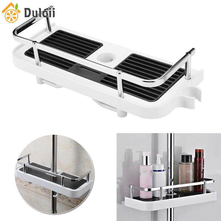 Dulcii Bathroom Pole Storage Shelf No Drilling Lifting Bar Shampoo Tray Shower Head Holder with Double Hooks Simple Bathroom Racks Shower Rack Bathroom Storage Basket