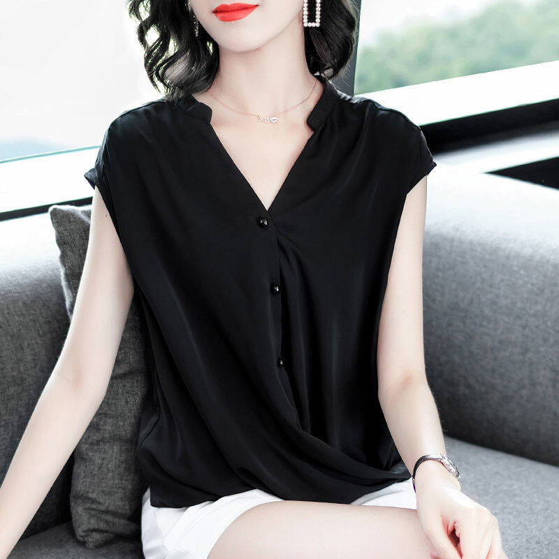 Blouse for Women Elegant Solid Loose Short Sleeve V-Neck Chiffon Tee Shirt Summer Clothes Office Ladies Plus Size Casual NEW Fashion Tops