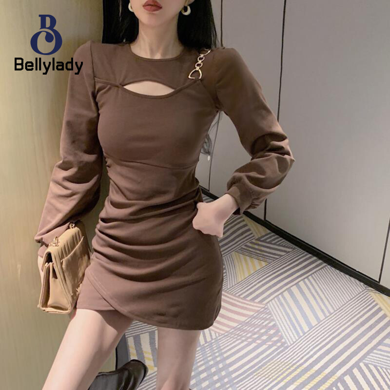 BellyLady Women Long Sleeves Sexy Bodycon Dress Cut Out High Waist Solid Color Round Neck Dress
