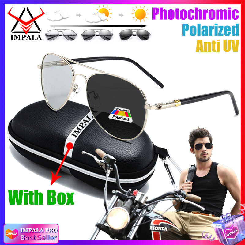 IMPALA PG1836L Fashion Men Polarized Photochromic Sunglasses Anti Glare UV400 HD Lens Metal Frame Driving Fishing Outdoor Soprts Glasses with case