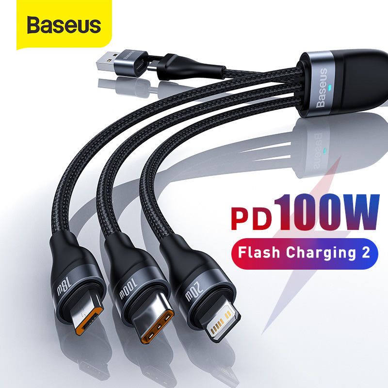 Baseus 100W 3 in 2 USB Type-C Fast Charging Cable PD4.0 QC3.0 USB C Cable for iPhone 14 13 Pro Max 12 5A Micro Type-C Cable for Samsung S20 Huawei P40 Xiaomi 10 Vivo X60