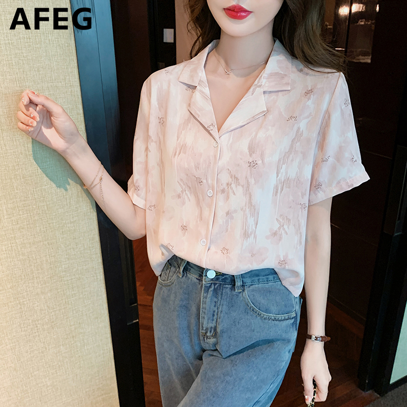 AFEG Korean Style Fashion Loose Versatile Retro Print Chiffon Short Sleeve Blouse for women