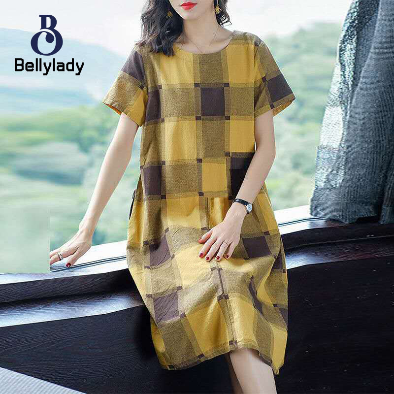 BellyLady Women Plaid Printing Dress Round Neck Short Sleeves A-line Skirt Large Size Loose Casual Dress