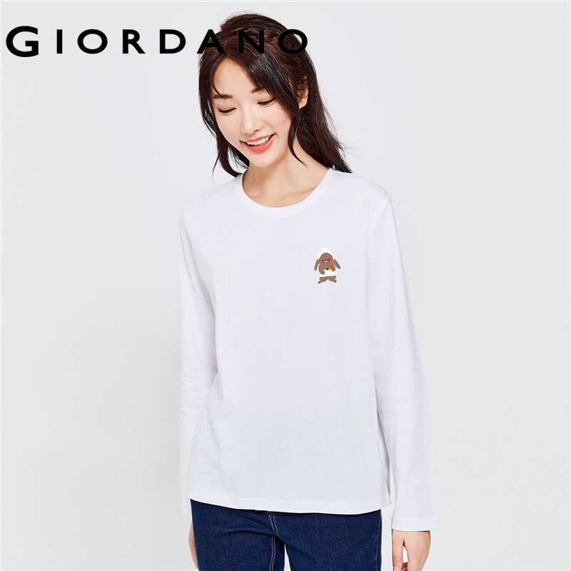 GIORDANO Women ZITA Series T-Shirts Print Rabbit Pattern 100% Cotton Casual T-Shirts Long Sleeve Crewneck Simple Tee 99392144