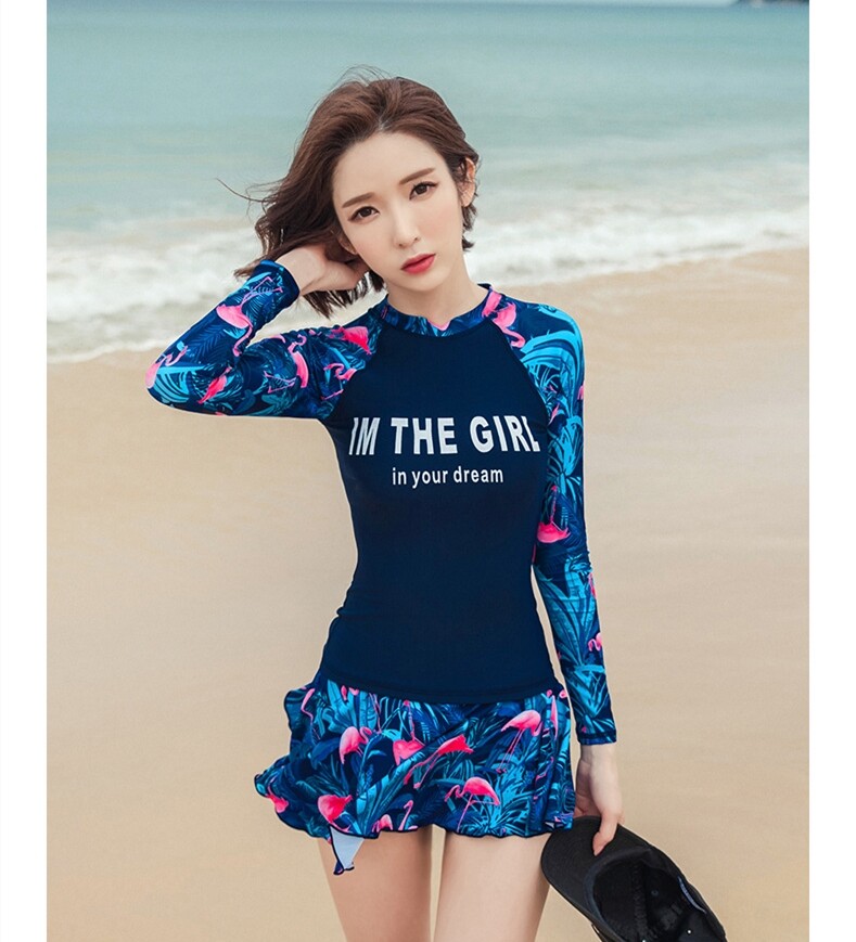 2Pcs/set Women Fashion Skirt Swimsuits Women Swimwear Long Sleeves Plus Size Zip Swimming Culottes Suit for Women