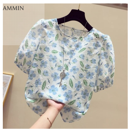 AMMIN Tops 2021 new Korean round neck floral print puff sleeve embroidery crochet hollow blouse women's summer short-sleeved loose short style elegant chiffon shirt