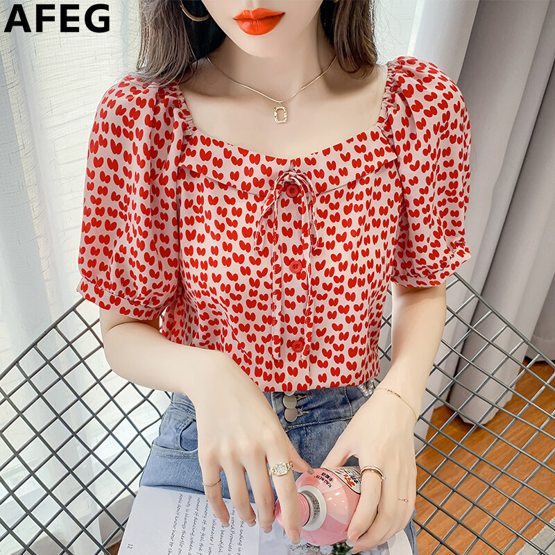 AFEG new Korean style square collar fashion loose all-match printed chiffon bubble short-sleeved blouse for women
