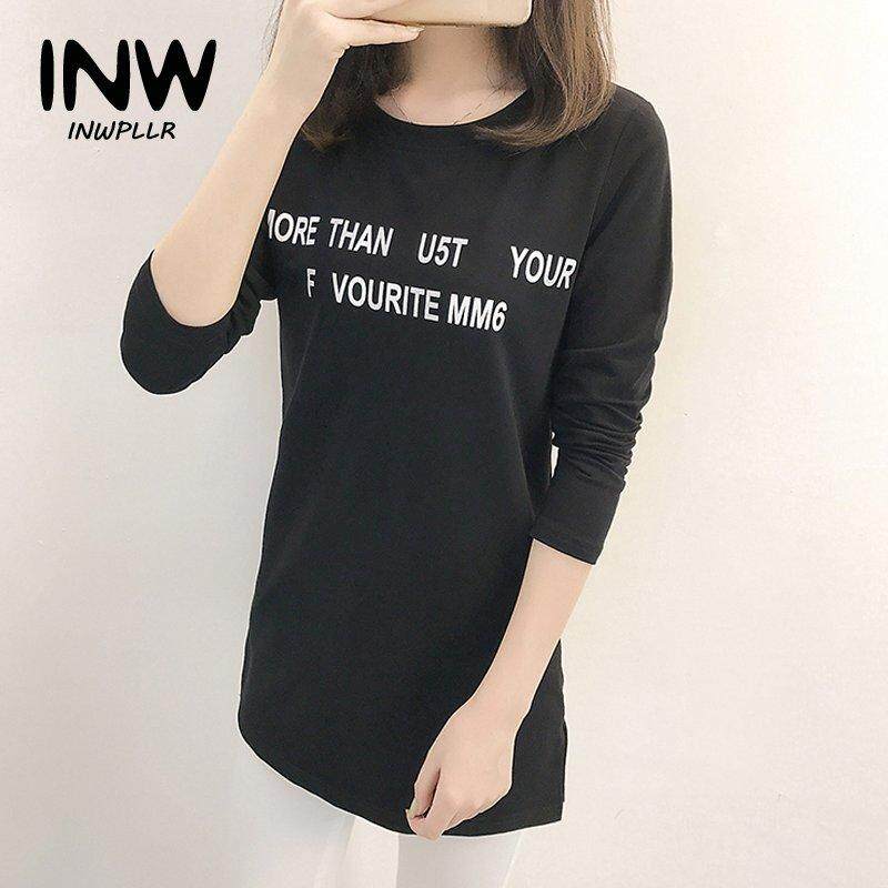 INWPLLR Fashion Women T-shirts Letter Print T-shirt Women O-neck Long Sleeve Tee Shirt Ladies Casual Long Tshirts Women Tops