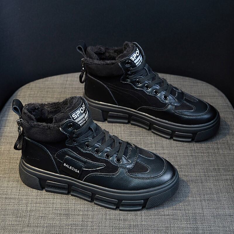 High-Top Cotton-padded Shoes Women's Winter Fleece-Lined 2021 New All-Match Genuine Leather Platform Sneakers Elevator Dad Shoes White Shoes