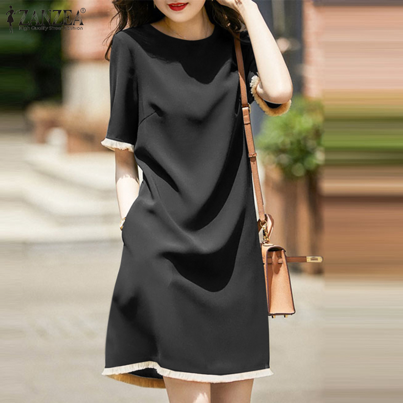 ZANZEA Korean Style Women Short Sleeve Tassel Hem Dress Commute Office Plain Mini Dresses