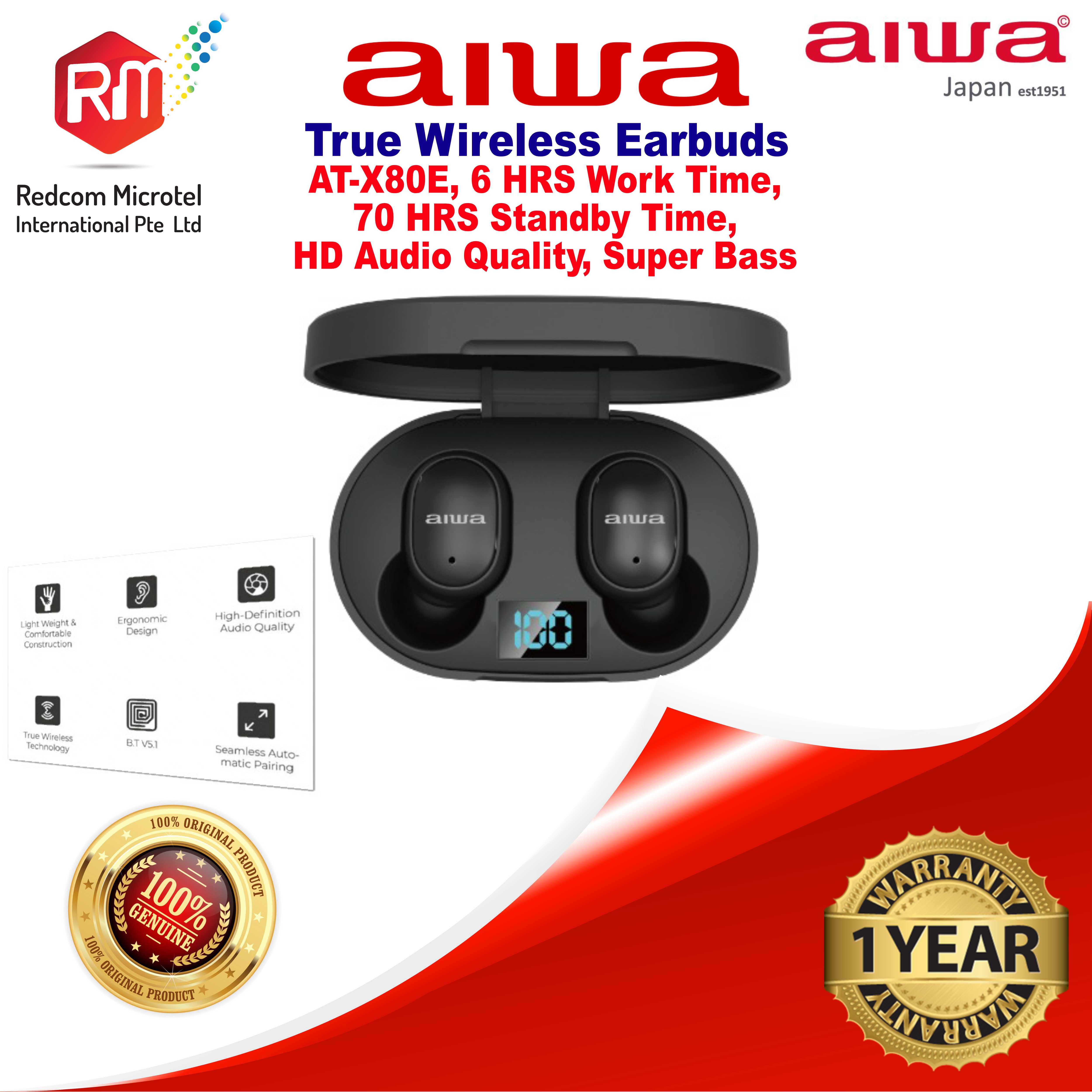 Aiwa True Wireless Earbuds AT-X80E (BLACK), HD Quality Super Bass, 6H Working Time, 70H Standby Time, 10 Mtrs Transmission Range