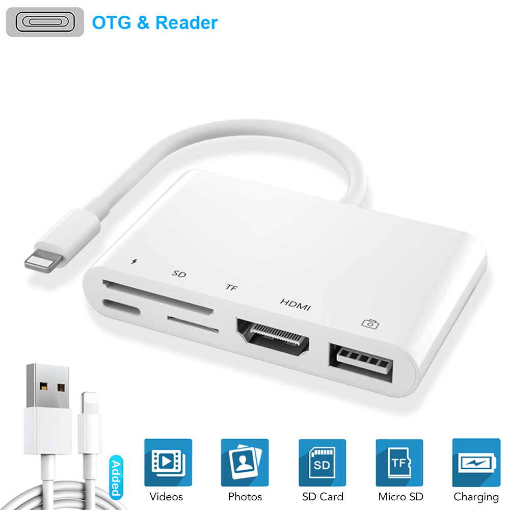 For Lightning to HDMI Adapter, 5 in 1 Plug and Play 1080P  SD TF Card USB Camera Reader OTG Adapter for iPhone 12/11/iPad for apple ios 13 / 14 converter(Charging Cable is Included)