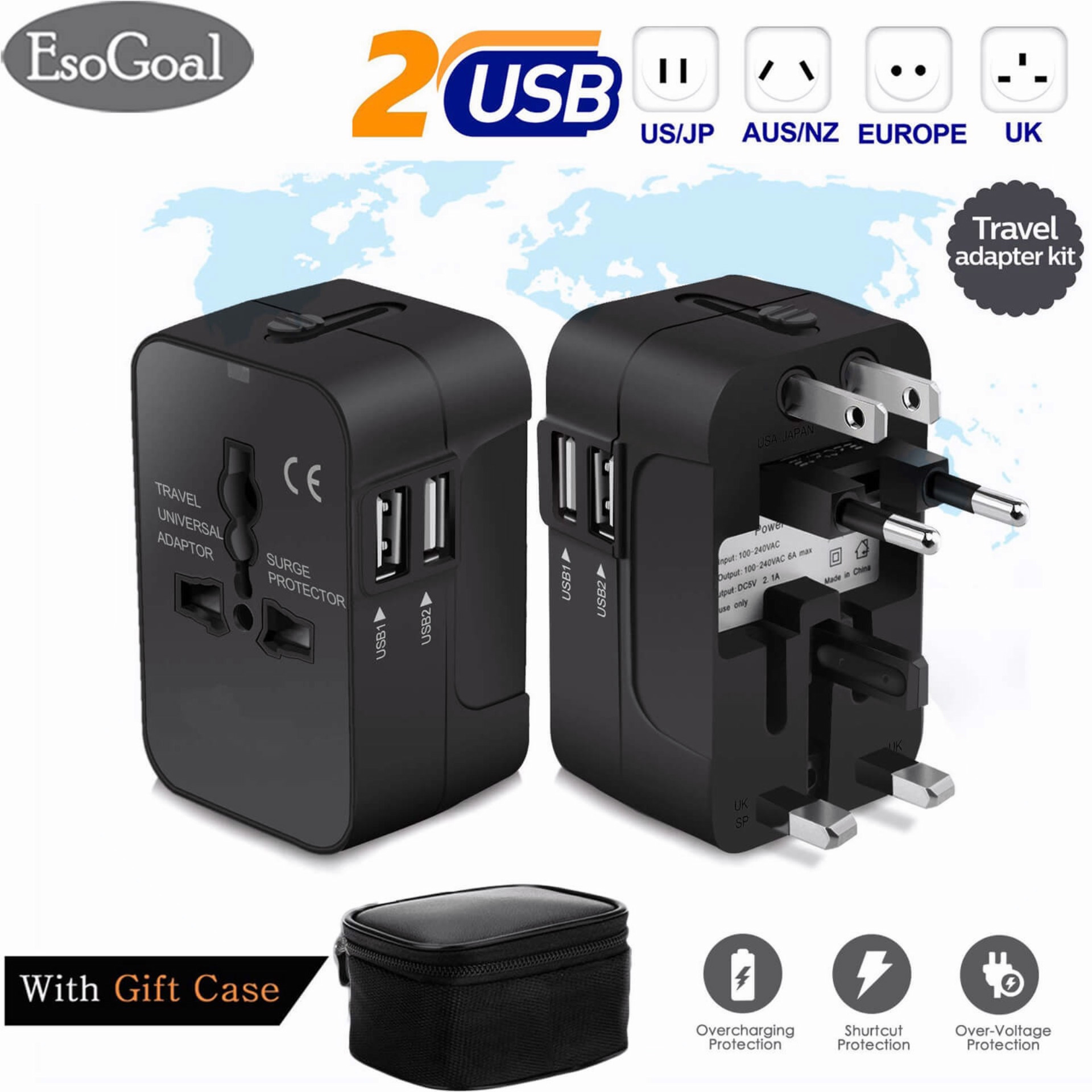 EsoGoal Multi-Outlets Travel Adapter, All in One International Universal Wall Power Travel Adaptor with 2 USB Charging Ports UK/USA/EU/AUS Worldwide Converter Plug Charger for Laptops,Phones,Tablets a