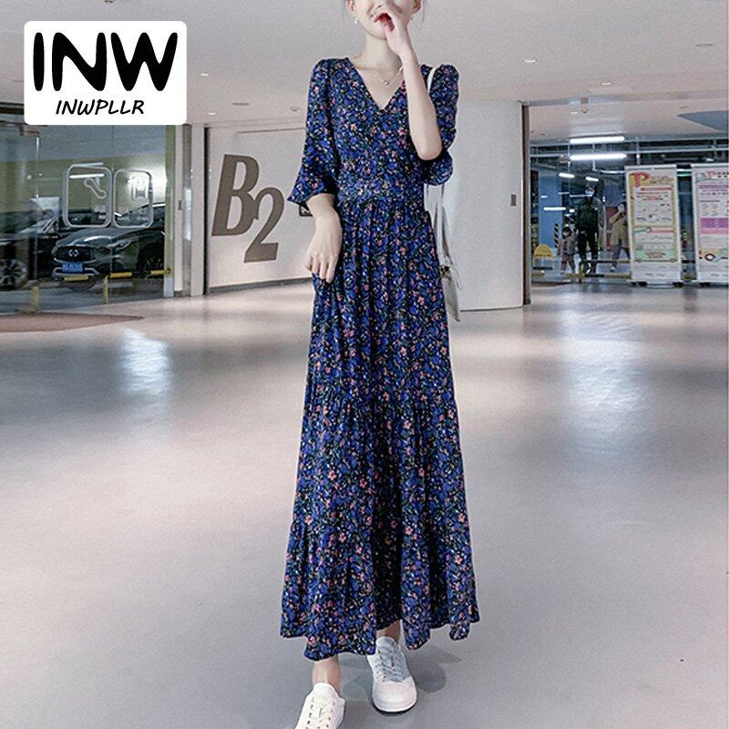 INWPLLR Elegant Fashion Dress Women Puff Sleeve Dress Casual Retro Short Sleeve Floral Printing Dresses Summer Korean Long Dress Female